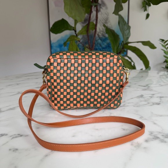 Clare V Handbags - Clare V Midi Sac Safari Green & Coral Orange Woven Leather Checker Crossbody Bag